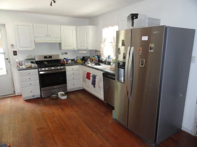 W4643 S Pearl Lake Rd, Redgranite, WI 54970 - kitchen with appliances with stainless steel finishes, under cabinet range hood, white cabinetry, dark wood-style floors, and a sink