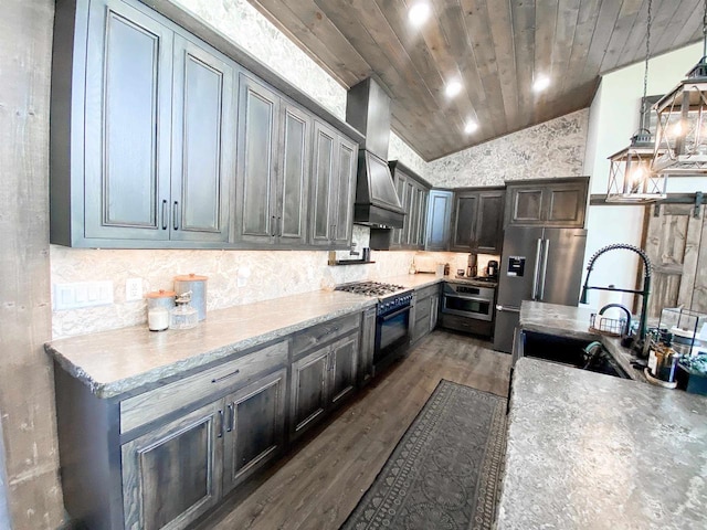 S7915 Ruthe Badger Ln, Merrimac, WI 53561 - kitchen featuring a sink, custom exhaust hood, lofted ceiling, stainless steel appliances, and wooden ceiling