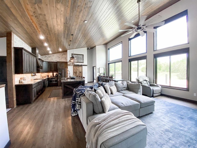 S7915 Ruthe Badger Ln, Merrimac, WI 53561 - living area featuring a ceiling fan, wooden ceiling, wood finished floors, high vaulted ceiling, and recessed lighting