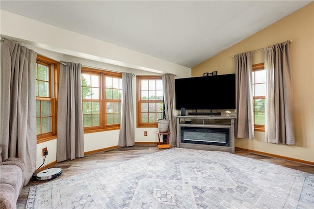 4868 183rd St, Chippewa Falls, WI 54729 - living room with healthy amount of natural light, wood finished floors, vaulted ceiling, baseboards, and a glass covered fireplace