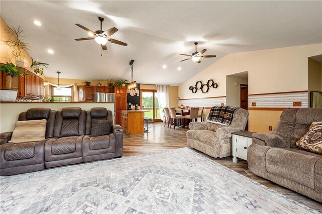 4868 183rd St, Chippewa Falls, WI 54729 - living area featuring ceiling fan, vaulted ceiling, wood finished floors, and recessed lighting