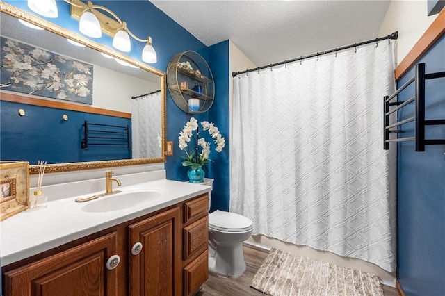 4868 183rd St, Chippewa Falls, WI 54729 - bathroom with wood finished floors, vanity, toilet, a textured ceiling, and a shower with curtain