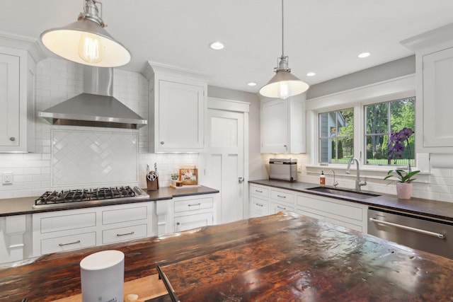 S36W27905 Robin Hill Cir, Waukesha, WI 53189 - kitchen featuring a sink, stainless steel appliances, backsplash, wall chimney range hood, and white cabinetry