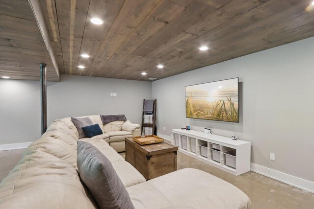 S36W27905 Robin Hill Cir, Waukesha, WI 53189 - living area featuring wood ceiling, finished concrete flooring, recessed lighting, and baseboards