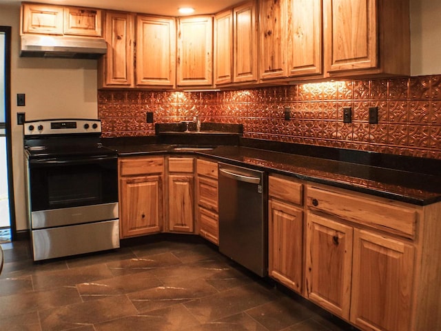 507 Janesville St, Oregon, WI 53575 - kitchen with appliances with stainless steel finishes, under cabinet range hood, a sink, and dark countertops