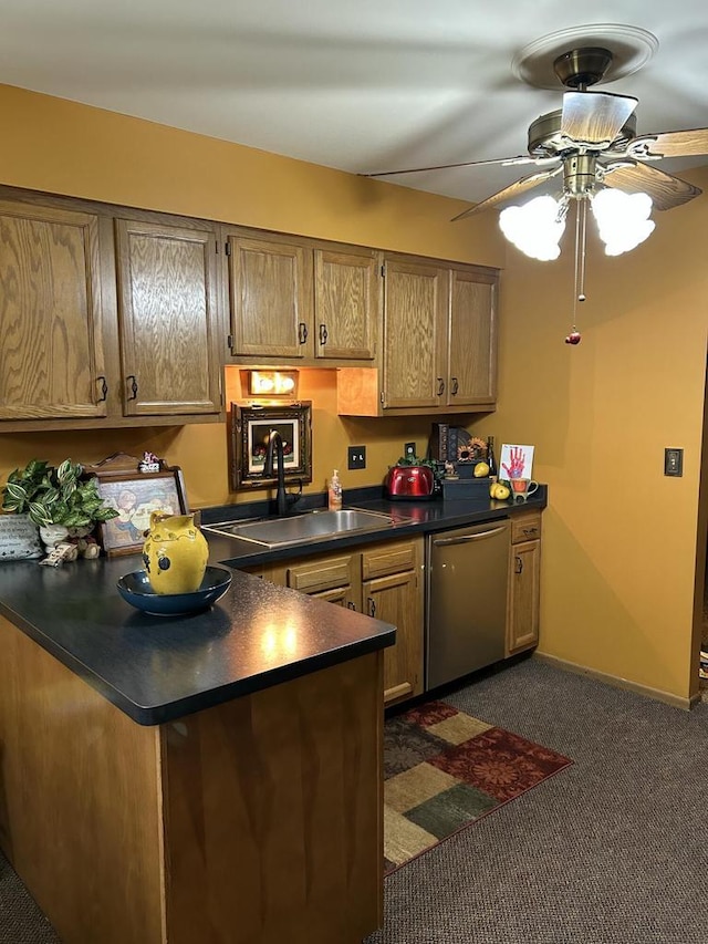 4103 80th St Unit 28A, Kenosha, WI 53142 - kitchen featuring dishwasher, a sink, dark countertops, dark carpet, and a ceiling fan