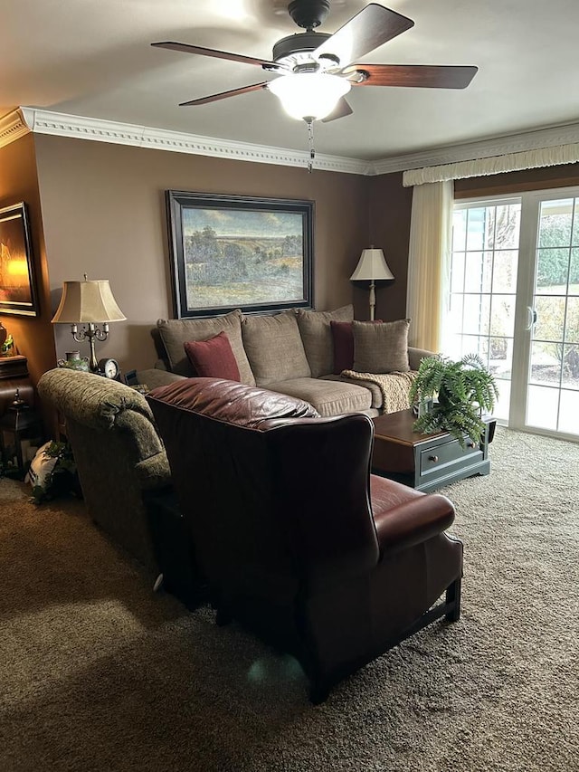 4103 80th St Unit 28A, Kenosha, WI 53142 - living area featuring carpet, a ceiling fan, and crown molding