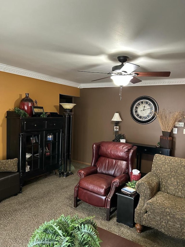 4103 80th St Unit 28A, Kenosha, WI 53142 - carpeted living area with ceiling fan and crown molding