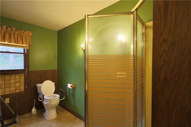 1217 Andover Ave, Eau Claire, WI 54703 - full bath with a wainscoted wall, toilet, a shower stall, and wood walls