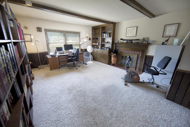 6538 N Bethmaur Ln, Glendale, WI 53209 - carpeted office space with beamed ceiling, a fireplace, and a wainscoted wall