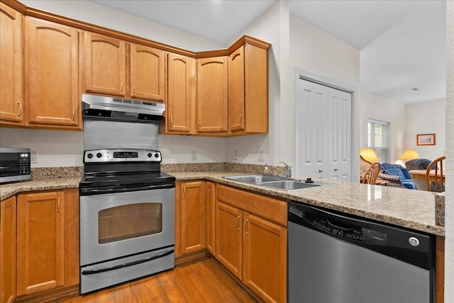 832 N 6th St Unit 118, Sheboygan, WI 53081 - kitchen with stainless steel appliances, under cabinet range hood, wood finished floors, a sink, and a peninsula