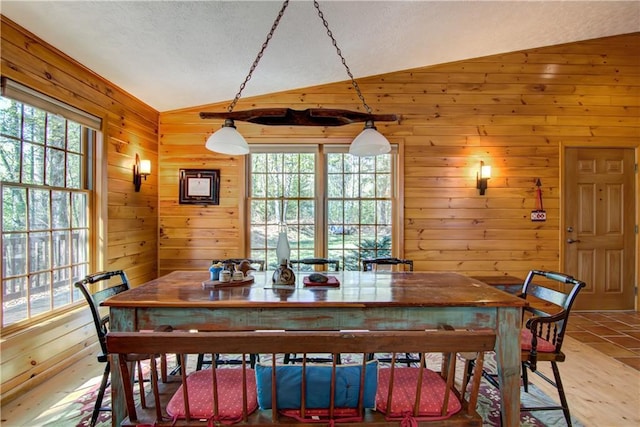 8360 W Shore Ln, Hayward, WI 54843 - dining room with lofted ceiling, healthy amount of natural light, a textured ceiling, and wooden walls