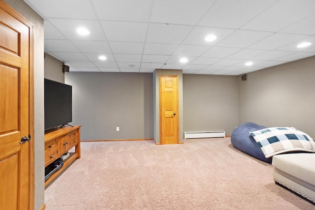 371 Thurow Dr, Oconomowoc, WI 53066 - living area featuring a baseboard radiator, carpet flooring, recessed lighting, baseboards, and a paneled ceiling