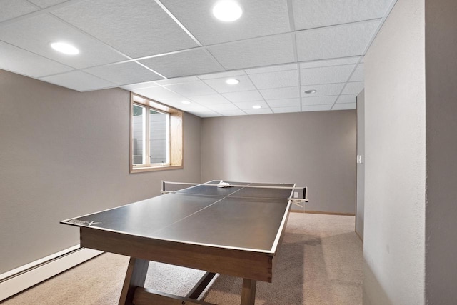 371 Thurow Dr, Oconomowoc, WI 53066 - game room featuring baseboard heating, carpet, baseboards, recessed lighting, and a paneled ceiling