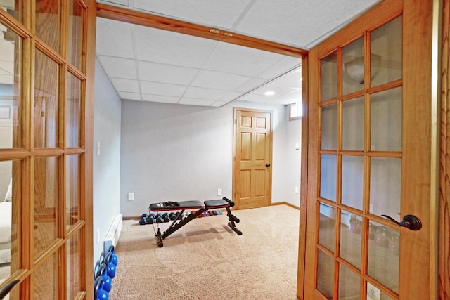 371 Thurow Dr, Oconomowoc, WI 53066 - workout area with french doors, carpet flooring, baseboards, a paneled ceiling, and recessed lighting