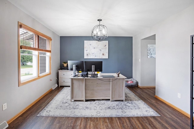 371 Thurow Dr, Oconomowoc, WI 53066 - office area featuring dark wood-style flooring, baseboards, and a chandelier