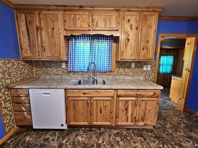 5183 2nd Ave, Pittsville, WI 54466 - kitchen featuring white dishwasher, a sink, backsplash, light countertops, and crown molding