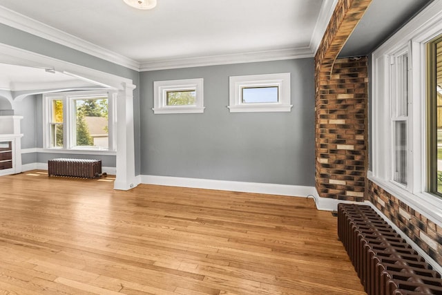 4648 S Kansas Ave Unit 4650, Saint Francis, WI 53235 - unfurnished living room with radiator heating unit, plenty of natural light, light wood-style flooring, and crown molding