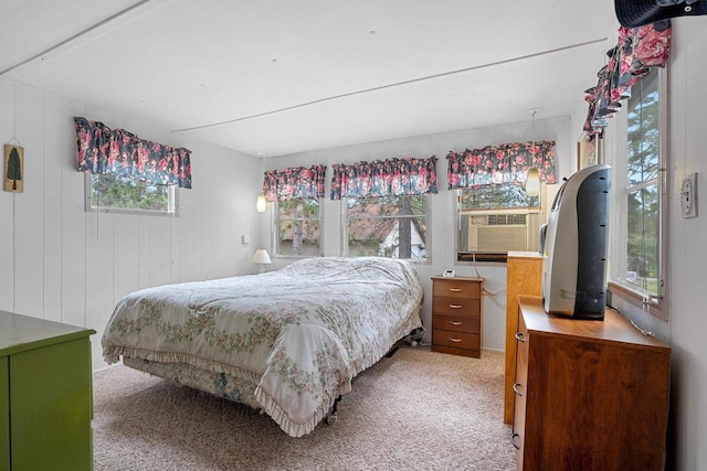 N9578 Dahleen Ln, Crivitz, WI 54114 - bedroom with light colored carpet, cooling unit, and wooden walls