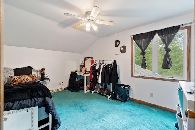 3324 County Highway Cc, Slinger, WI 53086 - carpeted bedroom featuring lofted ceiling, baseboards, and a ceiling fan