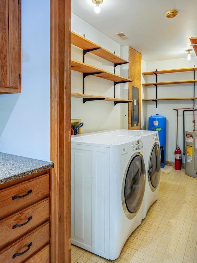 N9056 16th Ave, Neshkoro, WI 54960 - laundry room featuring water heater, washer and clothes dryer, electric panel, and cabinet space