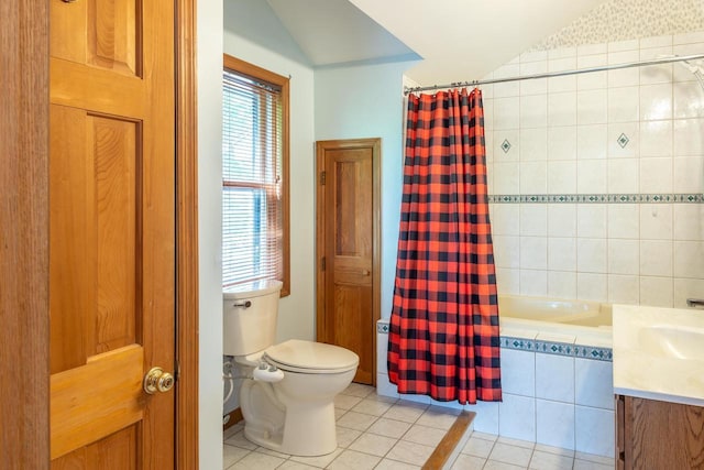 N9056 16th Ave, Neshkoro, WI 54960 - bathroom with tile patterned floors, lofted ceiling, toilet, vanity, and tiled shower / bath