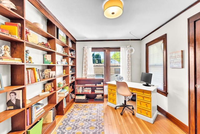 2254 N 73rd St, Wauwatosa, WI 53213 - office area with crown molding, light wood-style flooring, and baseboards
