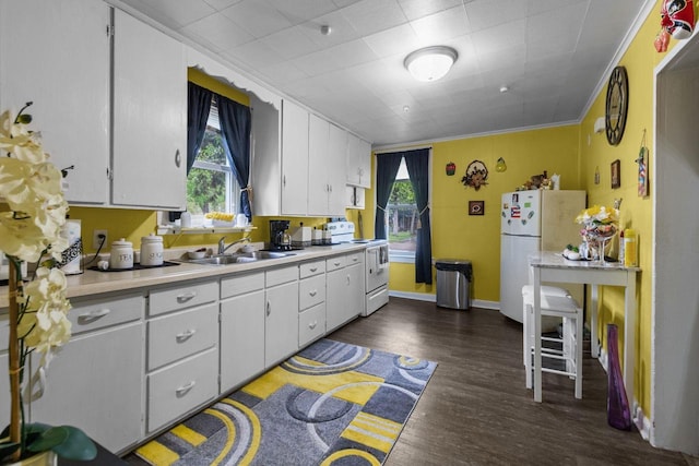 805 N State St, Appleton, WI 54911 - kitchen featuring white appliances, a sink, light countertops, white cabinets, and ornamental molding