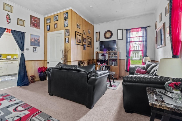 805 N State St, Appleton, WI 54911 - living room featuring crown molding, wood walls, carpet flooring, and a wainscoted wall