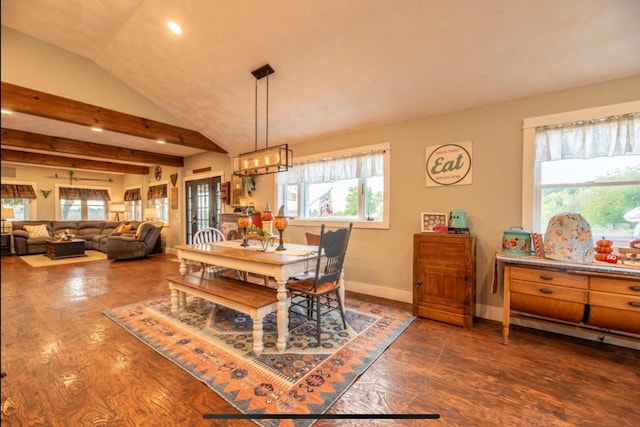76 Hillside Rd, Edgerton, WI 53534 - dining space with recessed lighting, dark wood-style flooring, baseboards, beamed ceiling, and a chandelier