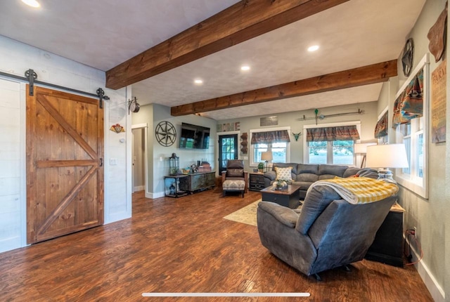 76 Hillside Rd, Edgerton, WI 53534 - living room with baseboards, wood finished floors, beamed ceiling, recessed lighting, and a barn door