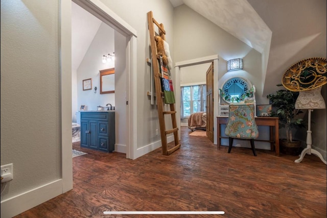 76 Hillside Rd, Edgerton, WI 53534 - entrance foyer with vaulted ceiling, dark wood-type flooring, and baseboards