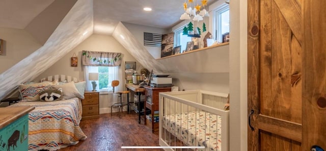 76 Hillside Rd, Edgerton, WI 53534 - bedroom featuring wood finished floors, recessed lighting, a desk, and a chandelier