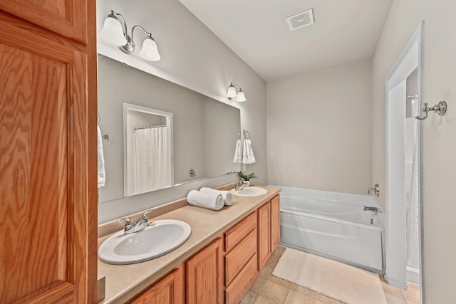 8687 S Deerwood Ln, Franklin, WI 53132 - bathroom with double vanity, a garden tub, tile patterned floors, and curtained shower