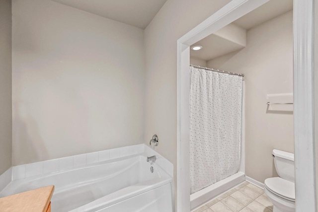 8687 S Deerwood Ln, Franklin, WI 53132 - bathroom featuring toilet, tile patterned flooring, a bath, and a shower with shower curtain