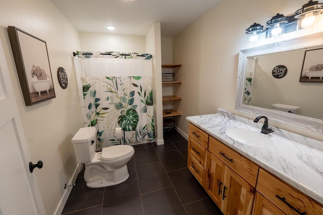 S1579 Butler Rd, Hillsboro, WI 54634 - full bathroom with toilet, vanity, tile patterned flooring, baseboards, and a shower with curtain