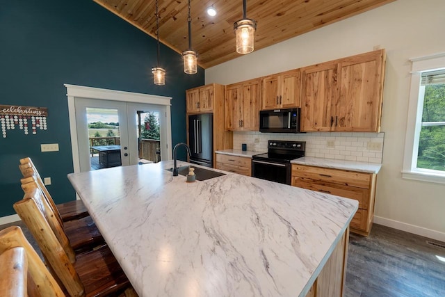 S1579 Butler Rd, Hillsboro, WI 54634 - kitchen with black appliances, wood ceiling, a sink, french doors, and baseboards