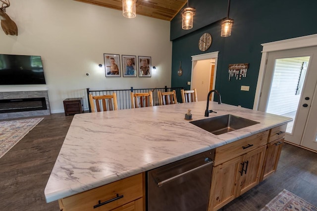S1579 Butler Rd, Hillsboro, WI 54634 - kitchen with a sink, dishwashing machine, wooden ceiling, high vaulted ceiling, and dark wood-style floors