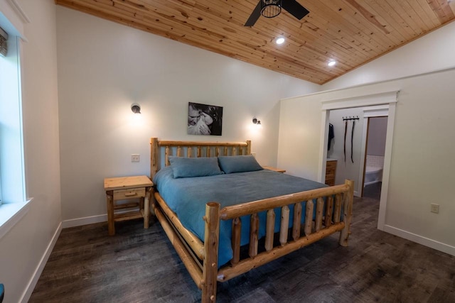 S1579 Butler Rd, Hillsboro, WI 54634 - bedroom featuring wooden ceiling, lofted ceiling, recessed lighting, baseboards, and dark wood-style flooring