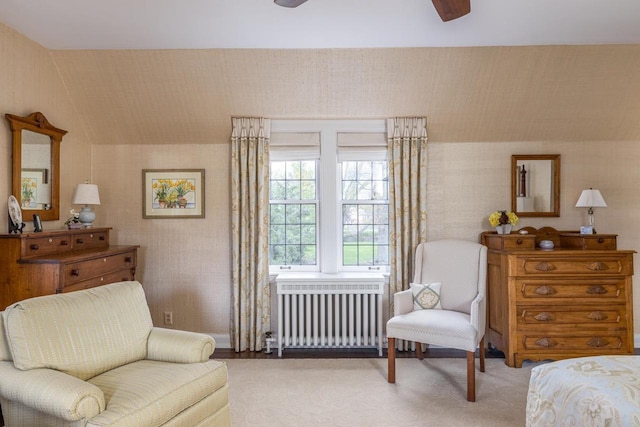 1030 Washington Ave, Oshkosh, WI 54901 - bedroom featuring radiator heating unit, carpet floors, lofted ceiling, and a ceiling fan