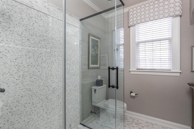 1030 Washington Ave, Oshkosh, WI 54901 - full bath with crown molding, a stall shower, toilet, plenty of natural light, and baseboards