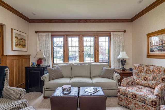 1030 Washington Ave, Oshkosh, WI 54901 - living room with crown molding, light colored carpet, and a wainscoted wall