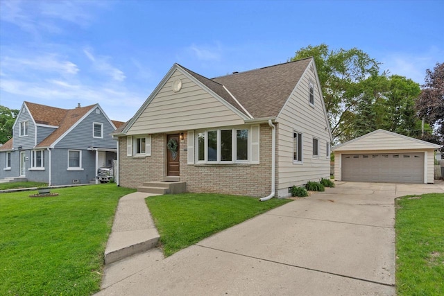 8706 W Arthur Ave, West Allis, WI 53227 - view of front facade with brick siding, an outdoor structure, a garage, a front yard, and a shingled roof