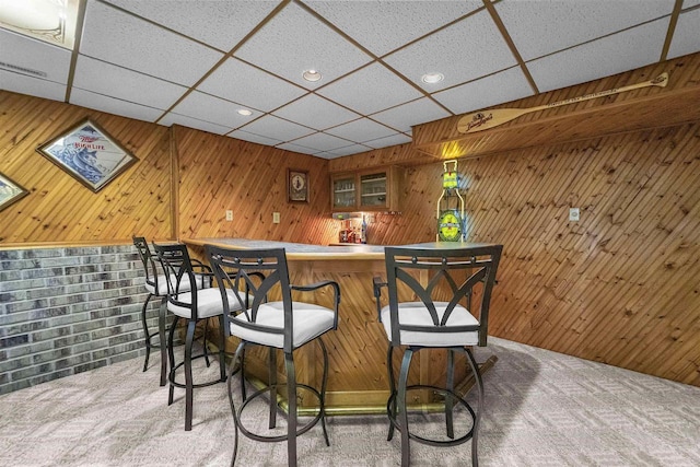 812 Clover Ln, Deforest, WI 53532 - indoor bar with carpet flooring, wooden walls, a paneled ceiling, and recessed lighting
