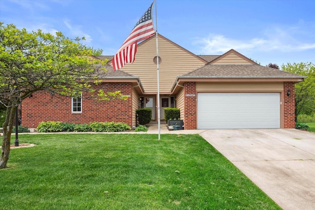 W159N4835 Graysland Dr Unit E, Menomonee Falls, WI 53051 - view of front of property featuring an attached garage, a front lawn, concrete driveway, brick siding, and roof with shingles