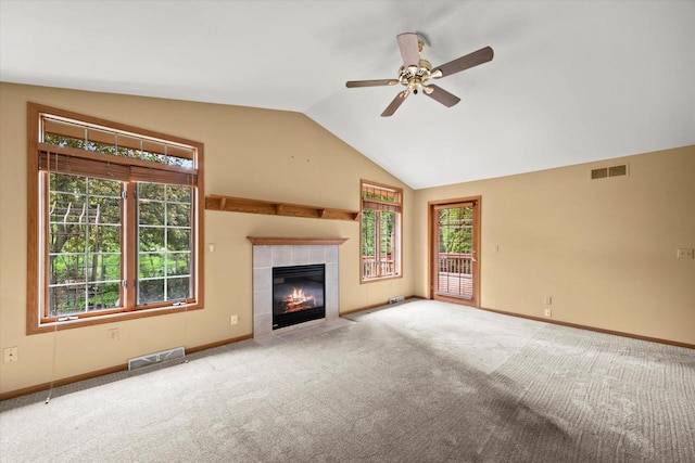 W159N4835 Graysland Dr Unit E, Menomonee Falls, WI 53051 - unfurnished living room with a fireplace, carpet flooring, vaulted ceiling, ceiling fan, and baseboards
