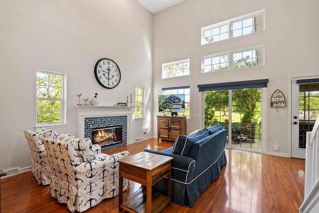690 Valleyview Ct Unit 35-22, Lake Geneva, WI 53147 - living area featuring a high ceiling, a fireplace, wood finished floors, and baseboards