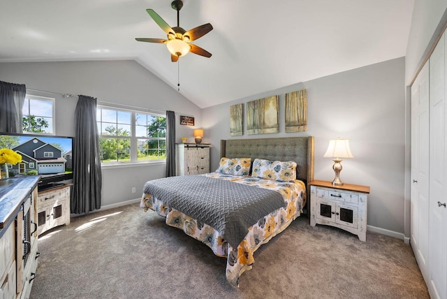 690 Valleyview Ct Unit 35-22, Lake Geneva, WI 53147 - bedroom featuring a closet, vaulted ceiling, baseboards, carpet flooring, and a ceiling fan