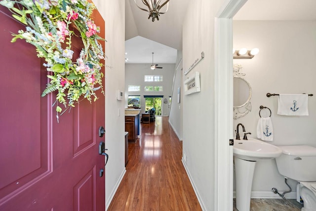 690 Valleyview Ct Unit 35-22, Lake Geneva, WI 53147 - entrance foyer with wood finished floors, a ceiling fan, baseboards, and vaulted ceiling
