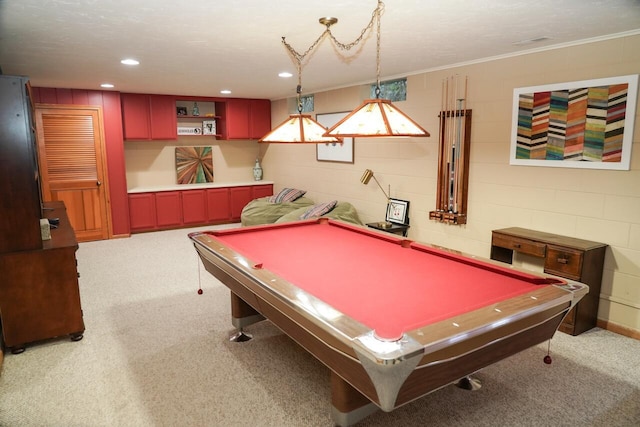 600 Briody St, Burlington, WI 53105 - playroom with carpet, crown molding, billiards, recessed lighting, and concrete block wall
